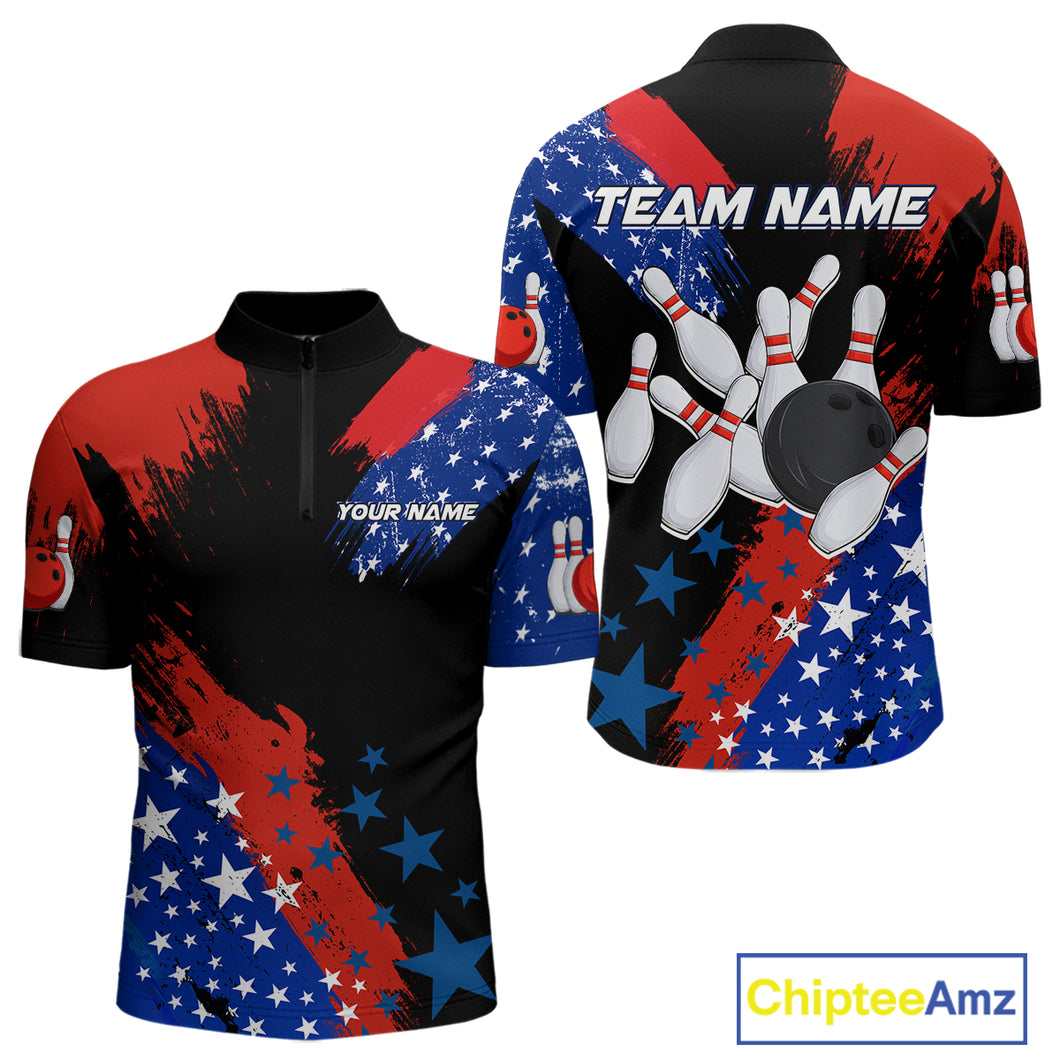 American Flag Bowling Shirt Personalized Patriotic Quarter-Zip Bowling Team League Gift for Bowlers QZT691