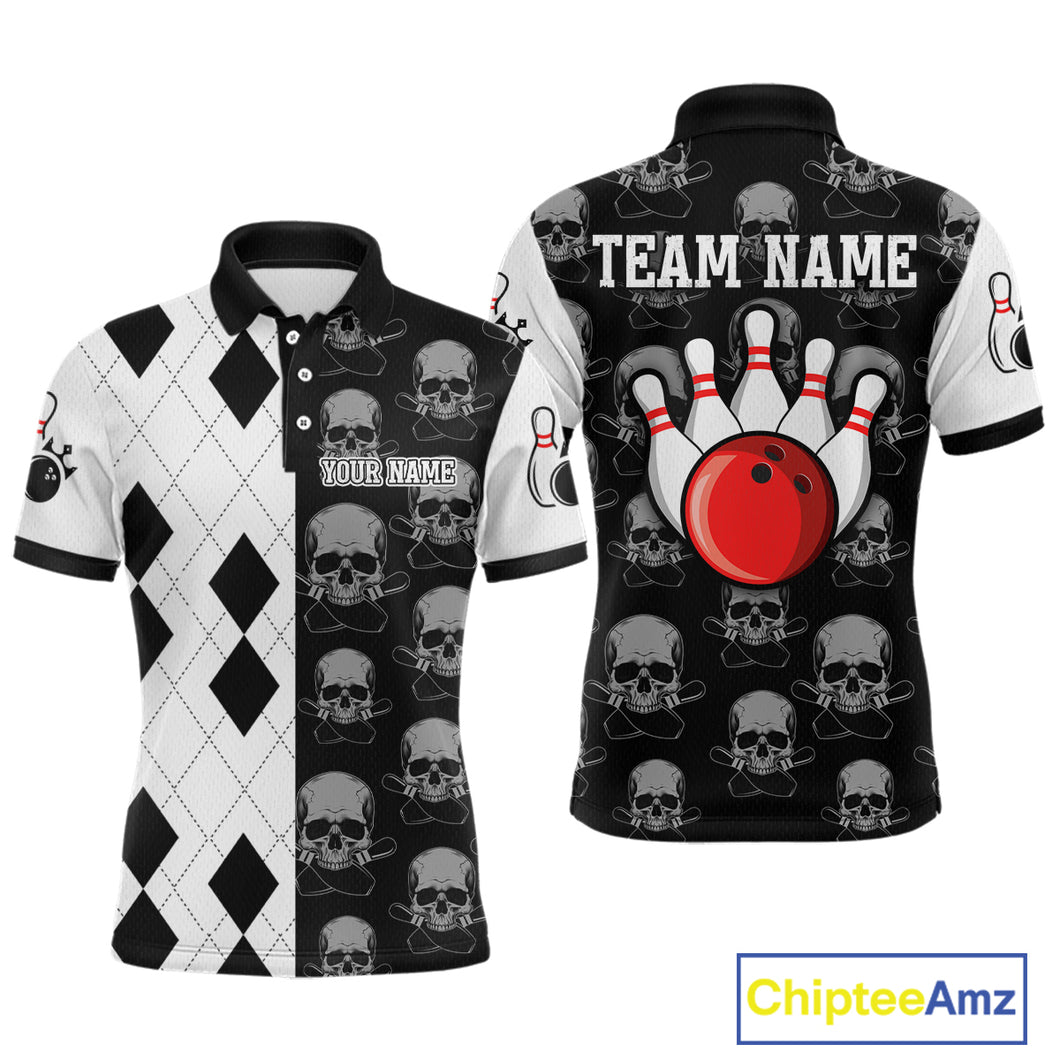 Black & White Bowling Shirt Custom Skull Polo Bowling Jersey Gift for Bowlers QZT693