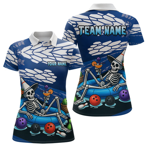 Custom Blue Funny Skull Bowling Shirt Polo & Quarter-Zip Bowling League Jersey for Women QZT755