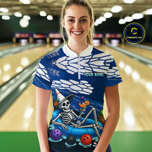 Load image into Gallery viewer, Custom Blue Funny Skull Bowling Shirt Polo &amp; Quarter-Zip Bowling League Jersey for Women QZT755