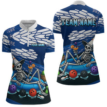 Load image into Gallery viewer, Custom Blue Funny Skull Bowling Shirt Polo &amp; Quarter-Zip Bowling League Jersey for Women QZT755
