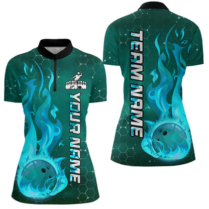 Custom Flame Bowling Shirts Bowling Jersey for Women 1/4 Zip Bowling Uniform QZT447