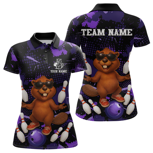 Custom Purple Funny Beaver Bowling Team Shirt Women Bowling League Jersey Polo Bowling Outfit QZT764