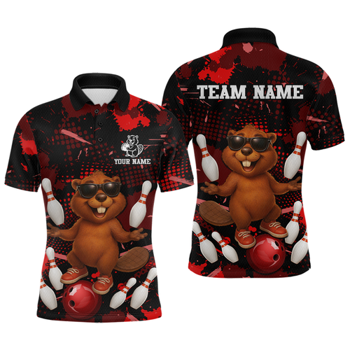 Custom Red Funny Beaver Bowling Team Shirt Men Bowling League Jersey Polo Bowling Outfit QZT764