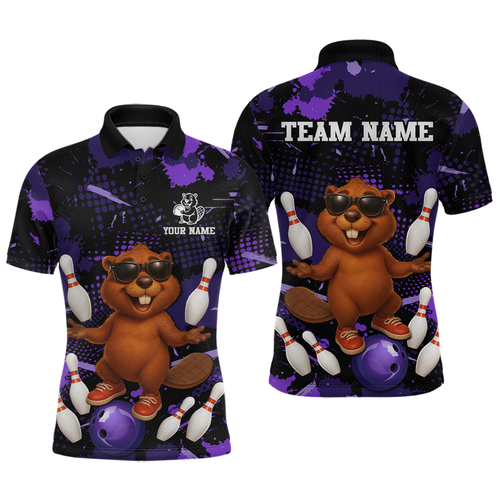 Custom Purple Funny Beaver Bowling Team Shirt Men Bowling League Jersey Polo Bowling Outfit QZT764