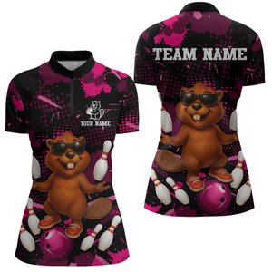 Custom Pink Funny Beaver Bowling Team Shirt Women Bowling League Jersey Polo Bowling Outfit QZT764