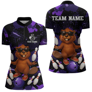 Custom Purple Funny Beaver Bowling Team Shirt Women Bowling League Jersey Polo Bowling Outfit QZT764