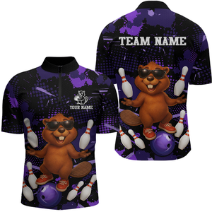 Custom Purple Funny Beaver Bowling Team Shirt Men Bowling League Jersey Polo Bowling Outfit QZT764