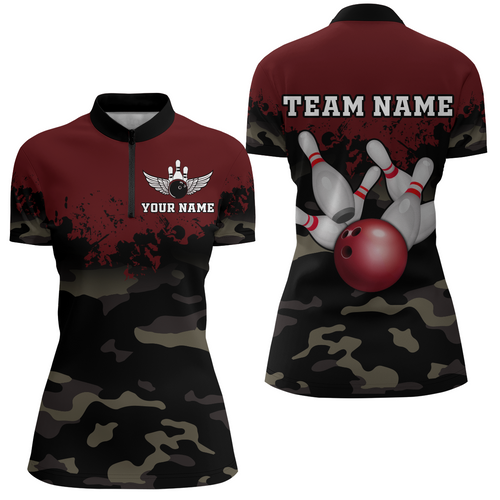 Personalized 3D Quarter Zip Bowling Team Shirts Women Camouflage Bowling Jersey QZT503