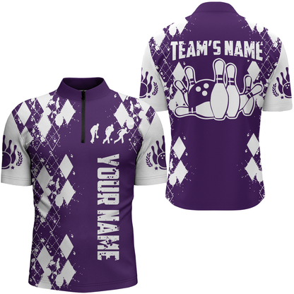 Purple White Bowling Shirt Unisex Custom Bowling Jersey Quarter-Zip Bowling Shirt for Men QZT264