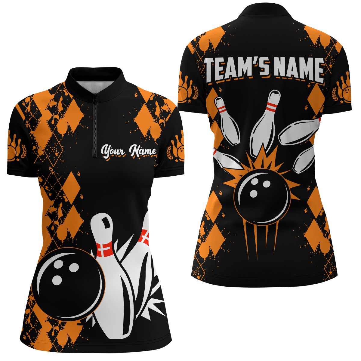 Orange Bowling Shirt Personalized 1/4 Zip Shirt Bowling Team League for Women QZT430
