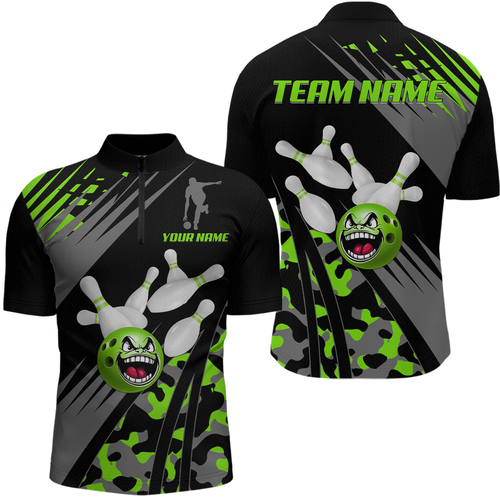 Personalized Green Crazy Bowling Shirt Quarter-Zip Bowling Jersey Bowling Outfit QZT609