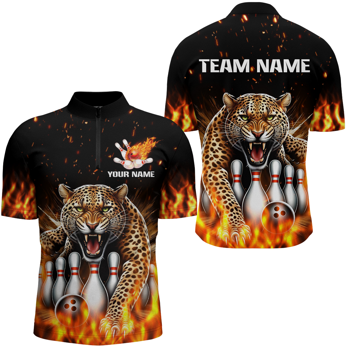 Custom Bowling Shirts Cheetah Bowling Quarter Zip Flames Bowling Jersey for Men QZT452