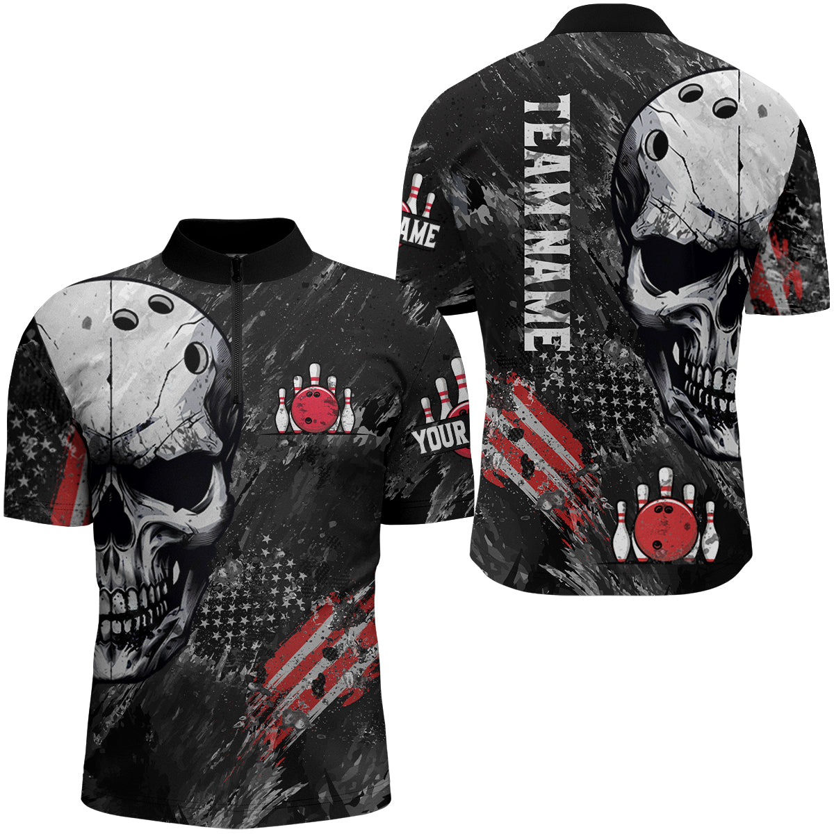 Custom Bowling Shirt for Men Skull Bowling Jersey Bowling Team League Quarter-Zip Shirt QZT47-3