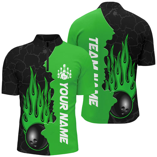 Green Flame Bowling Quarter Zip Shirts Men & Women Custom Bowling Team League Jerseys BDT471