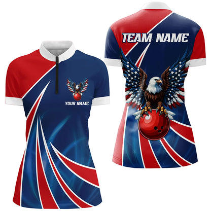 Eagle Bowling Shirts Men Women Personalized 1/4 Zip Bowling Team Jersey Red Blue BDT493