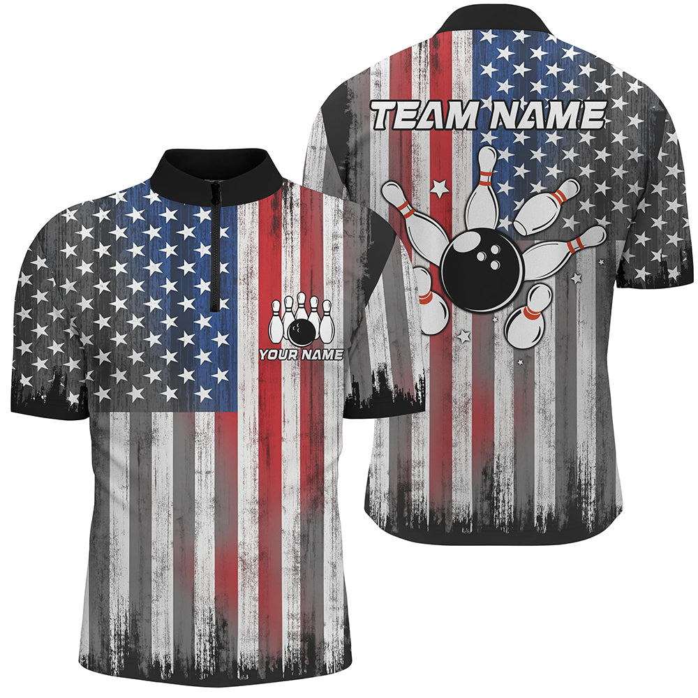 Custom American Flag Bowling Jersey Team Bowling Quarter-Zip Shirts Men & Women BDT499