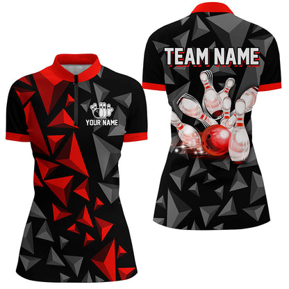 Custom 1/4 Zip Shirts For Men And Women Red Bowling Team League Jersey Bowler BDT500