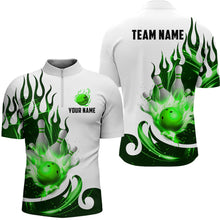 Load image into Gallery viewer, White&amp;Green Bowling Shirts For Men &amp; Women Custom Flame Bowling Team Jersey Quarter-Zip BDT537