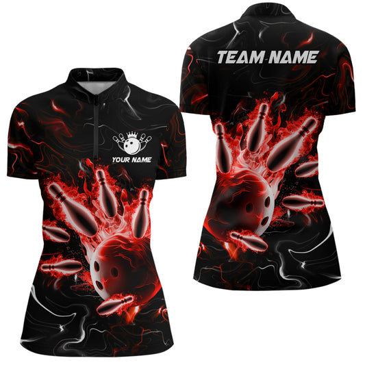 Custom Red Flames Bowling Shirt For Men & Women 1/4 Zip Bowling Team Jersey Unisex BDT542