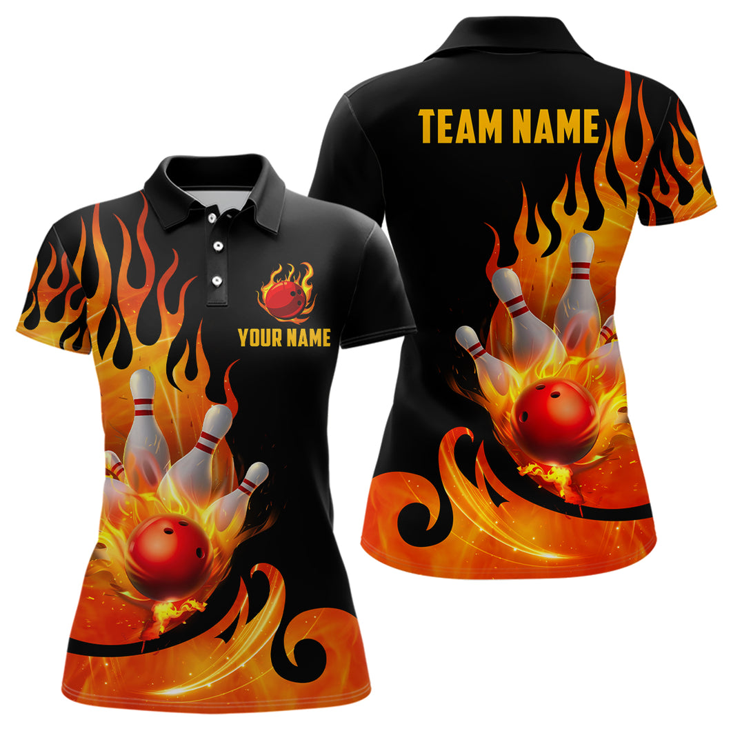 Custom Black & Orange Bowling Shirts For Men & Women Flame Bowling Team Jersey Polo BDT536
