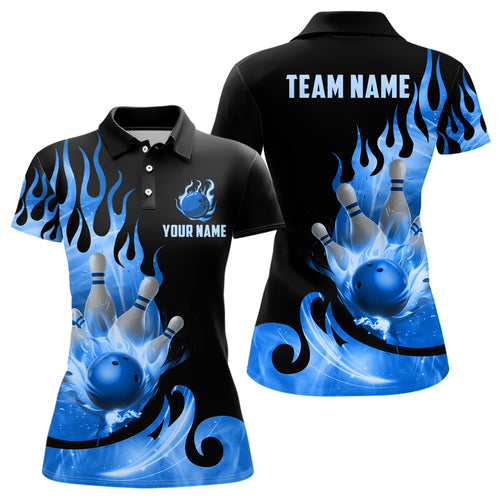 Custom Black & Blue Bowling Shirts For Men & Women Flame Bowling Team Jersey Polo BDT536