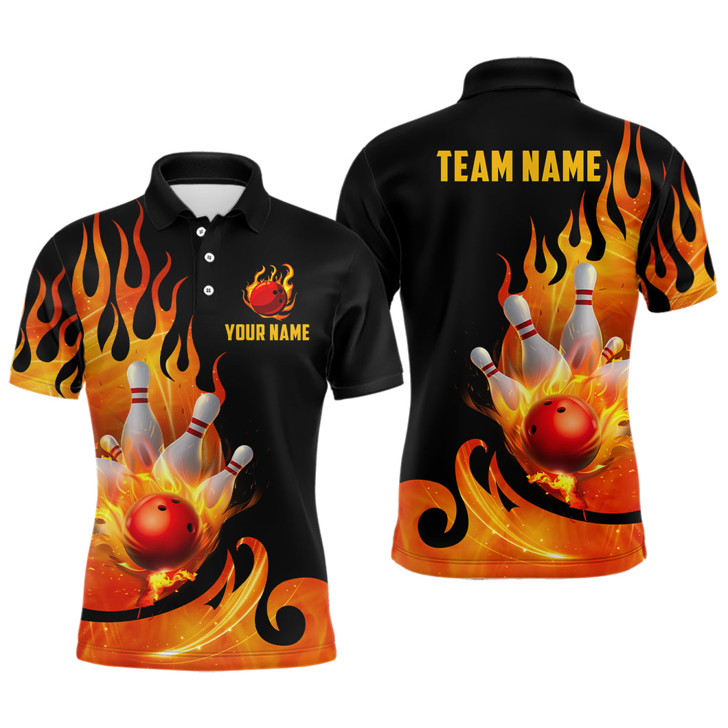 Custom Black & Orange Bowling Shirts For Men & Women Flame Bowling Team Jersey Polo BDT536