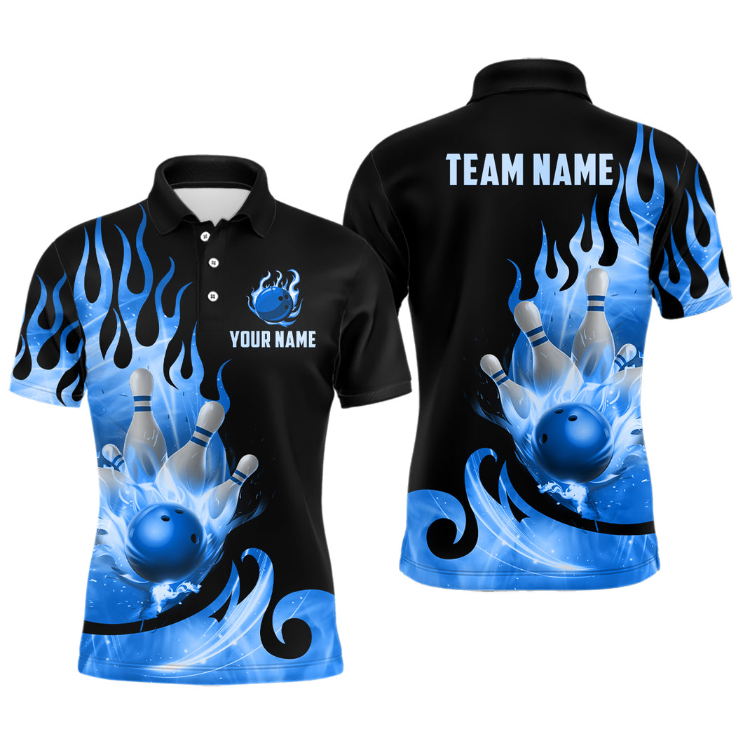 Custom Black & Blue Bowling Shirts For Men & Women Flame Bowling Team Jersey Polo BDT536