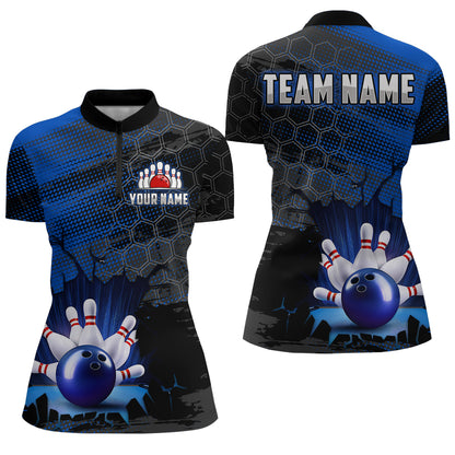Custom Blue Bowling Shirts For Men & Women Bowling Team League Jersey Unisex Quarter-Zip BDT533