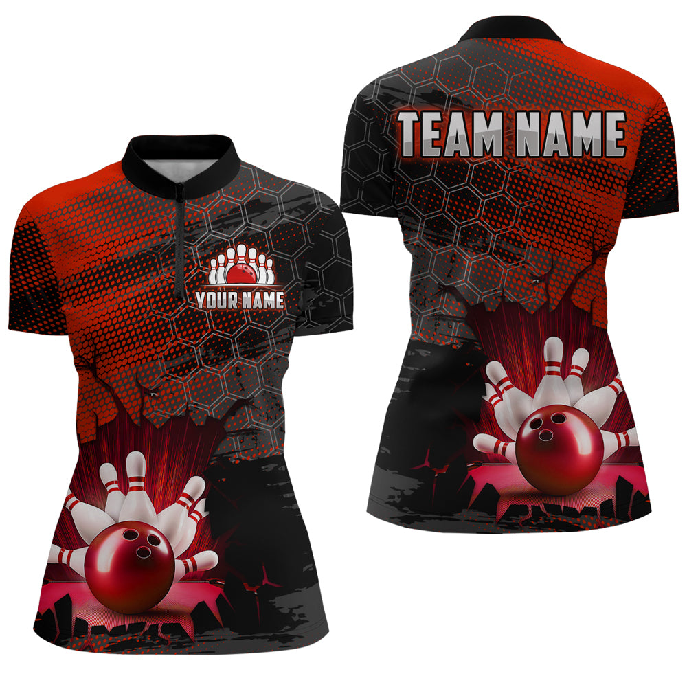 Custom Red Bowling Shirts For Men & Women Bowling Team League Jersey Unisex Quarter-Zip BDT533