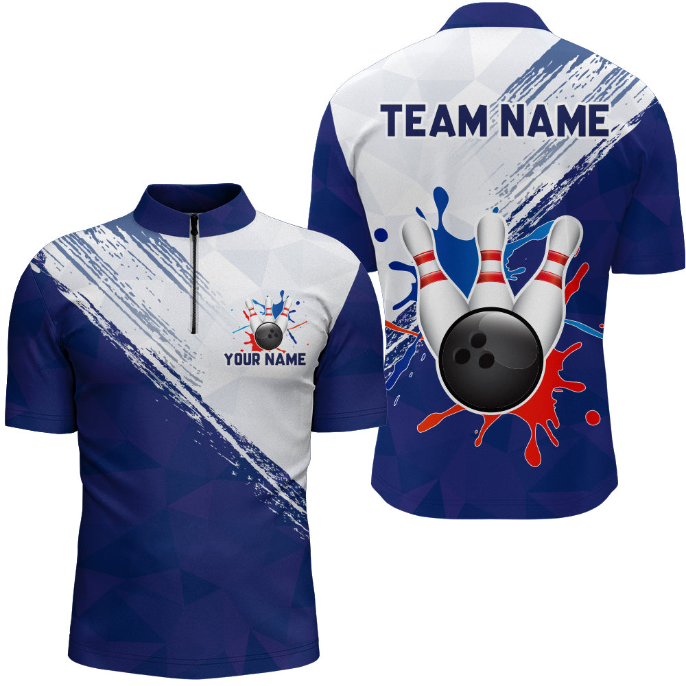 Blue Bowling Quarter-Zip Shirts For Men Retro Bowling Jersey Custom Bowling Team League Shirts BDT202
