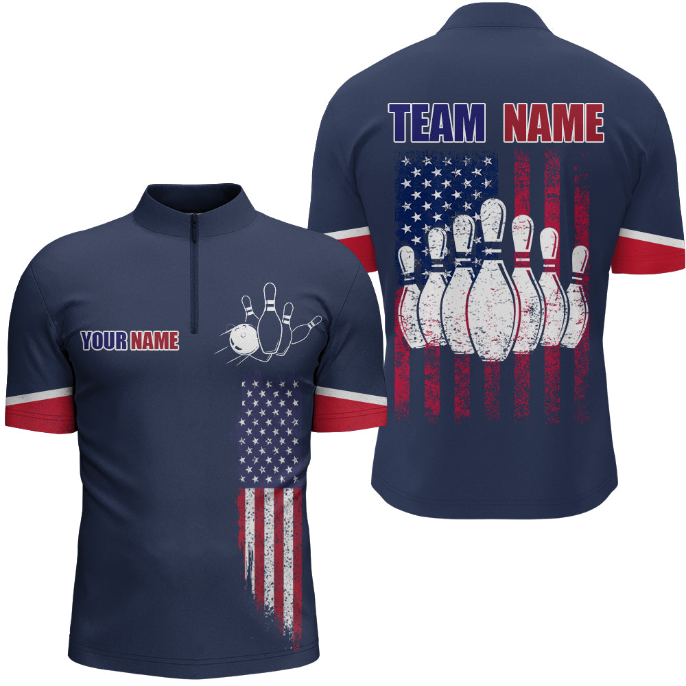 Navy Bowling Quarter-Zip Shirt For Men Custom American Bowling Team Jersey Patriot Bowling Shirt BDT318