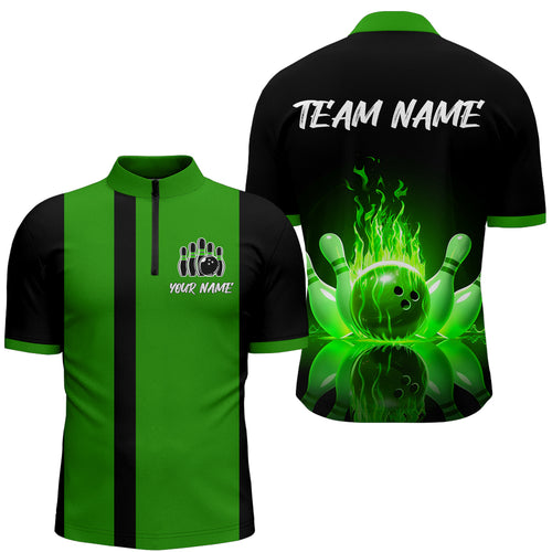 Green Flame Bowling Shirt for Men & Women Custom Bowling Jersey Team League Bowling 1/4 Zip BDT547