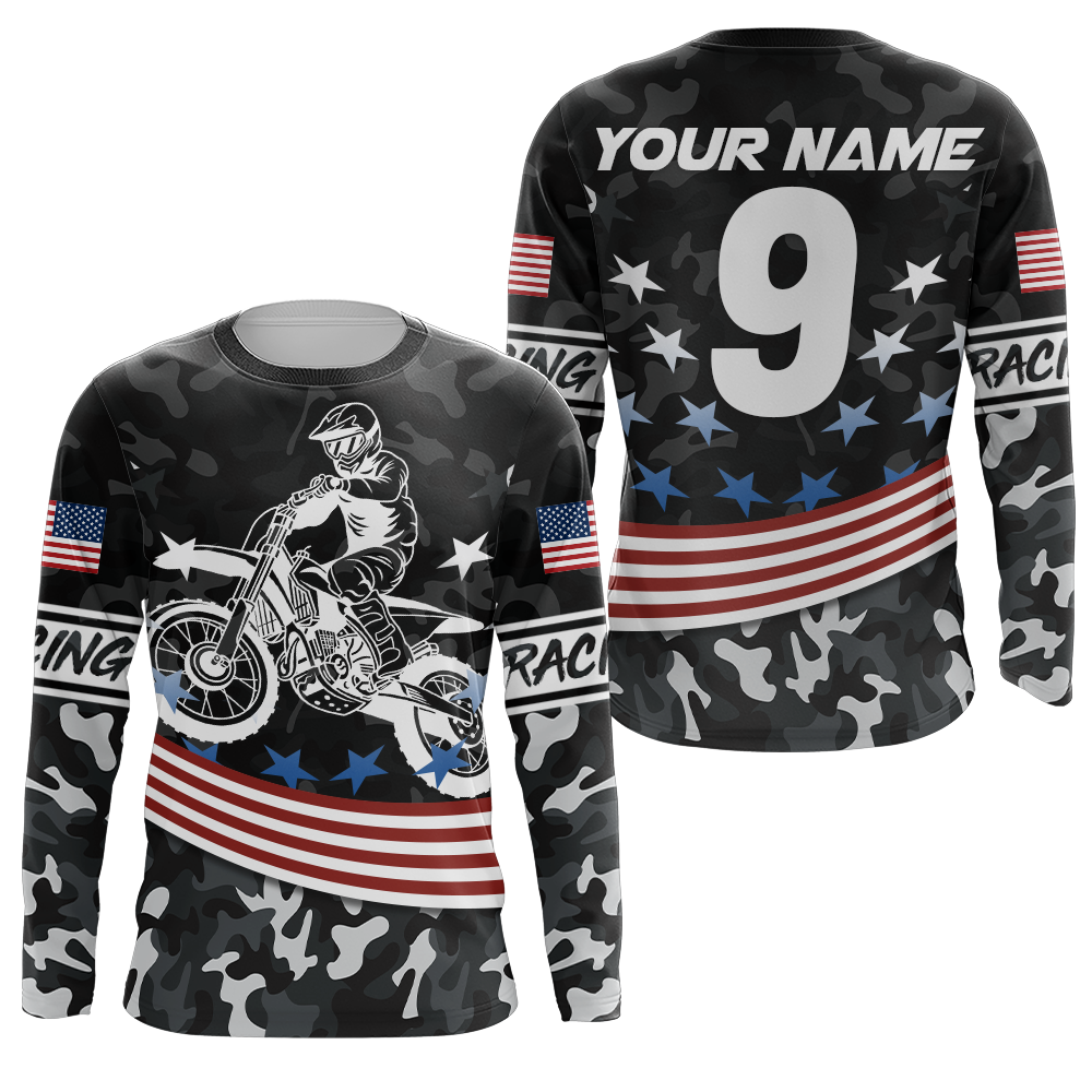 Camo Dirt Bike Jersey Kid Men Women Custom UPF30+ American Flag Motocross Shirts Motorcycle Riding PDT708