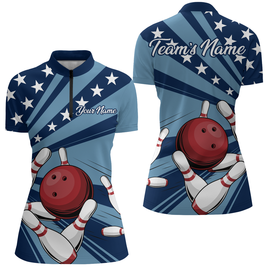 Custom Navy Bowling Jersey For Women American Flag Bowling Team Shirt Bowling Quarter-Zip Shirt BDT309