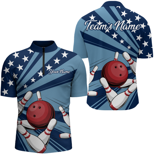 Custom Navy Bowling Jersey For Men American Flag Bowling Team Shirt Bowling Quarter-Zip Shirt BDT309