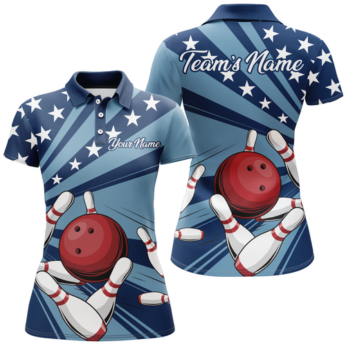 Custom Navy Bowling Jersey For Women American Flag Bowling Team Shirt Bowling Polo Shirt BDT309