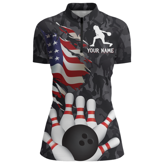 Camo Bowling Shirt Women Custom American Bowling Jersey Team League Bowling Quarter-Zip Shirt BDT325