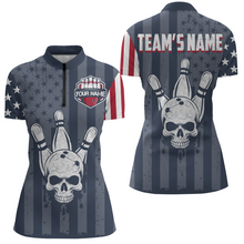 Load image into Gallery viewer, American Flag Bowling Shirt Women Skull Bowling Jersey Team Custom Bowling Quarter-Zip Shirt BDT379