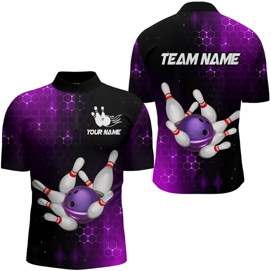 Personalized Purple Bowling Shirts Men Women Bowling Team Jersey Bowling 1/4 Zip Shirt BDT488