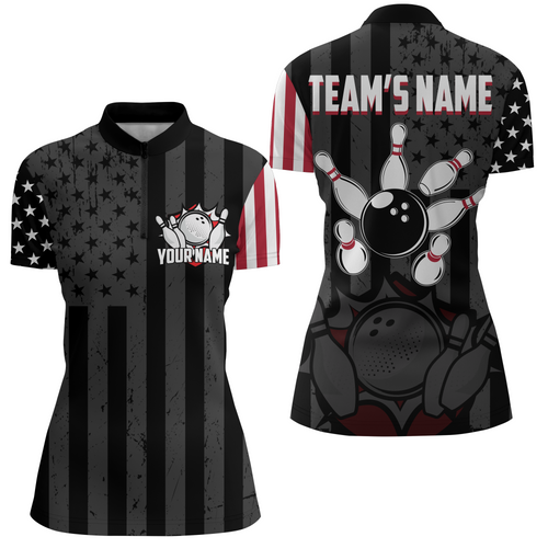 Custom American Bowling Shirt For Women Black Bowling Jersey Team League Bowling 1/4 Zip Shirt BDT334