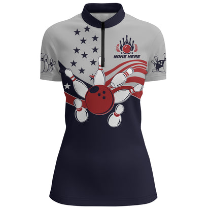 American Flag Bowling Quarter-Zip Shirt For Women Custom Bowling Team League Jersey For Ladies BDT187