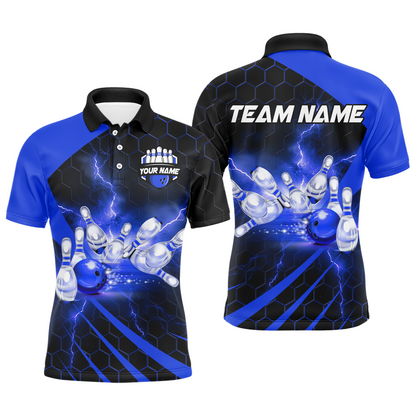 Custom Bowling Jersey For Couples Blue Bowling Polo Shirts For Men And Women BDT491