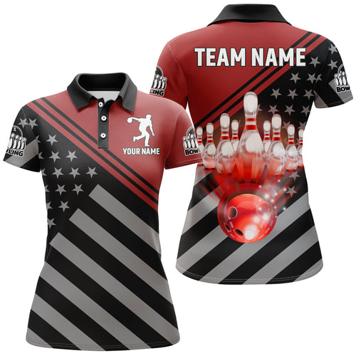 Red&Black Bowling Jersey For Women Custom Bowling Shirt American Flag Bowling Polo Shirt BDT282