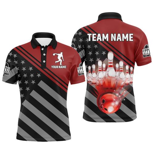 Red&Black Bowling Jersey For Men Custom Bowling Shirt American Flag Bowling Polo Shirt BDT282