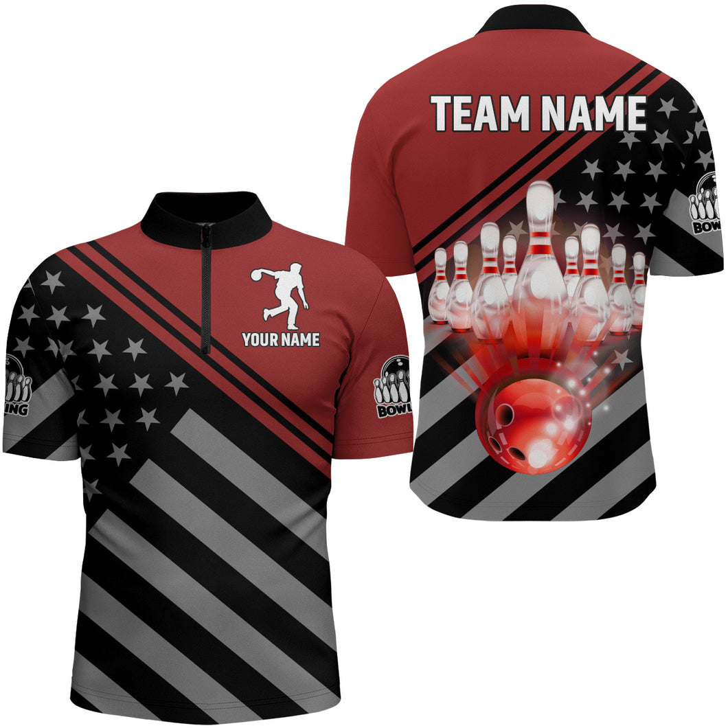 Red&Black Bowling Jersey Men Custom Bowling Shirt American Flag Bowling Quarter-Zip Shirt BDT282