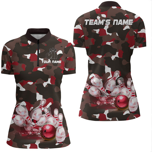Red Camo Bowling Shirts For Women Custom Bowling Quarter-Zip Shirt Team Bowling Jerseys BDT247