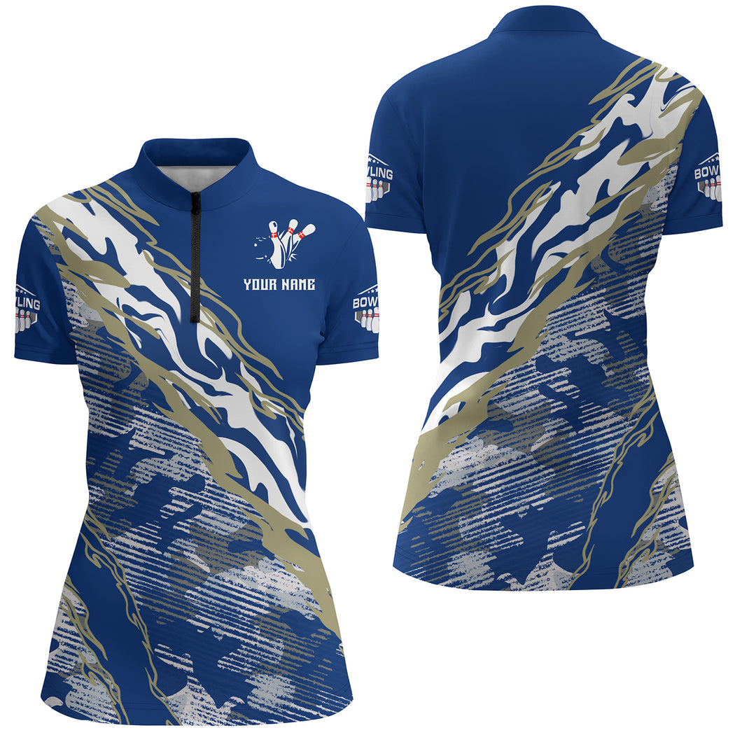 Custom Bowling Shirt for Women Blue Camo Bowling Jersey Flame Bowling Quarter-Zip Shirt BDT261