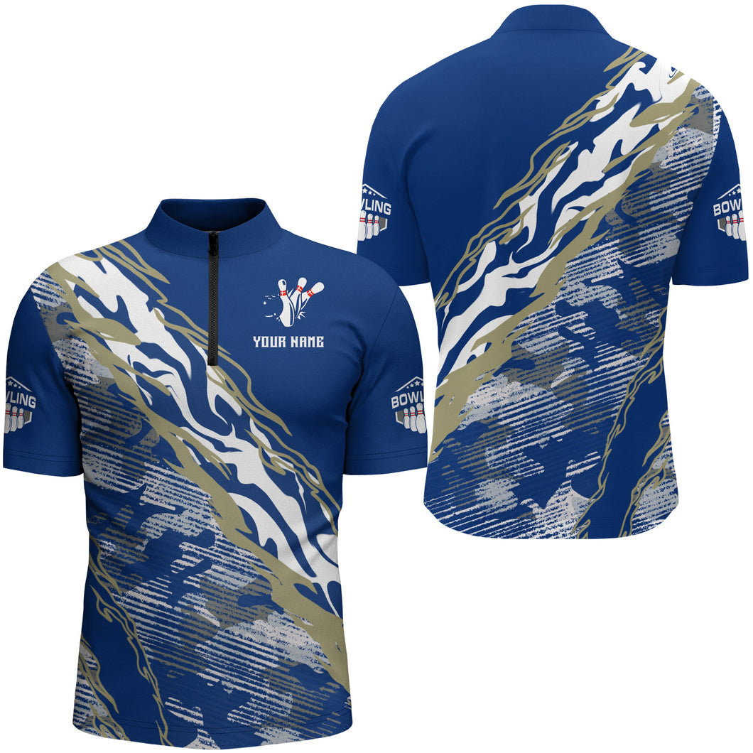 Custom Bowling Shirt for Men Blue Camo Bowling Jersey Flame Bowling Quarter-Zip Shirt BDT261