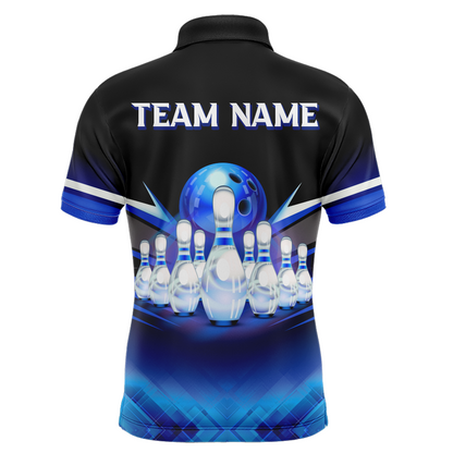 Custom 3D Bowling League Shirt Blue Bowling Jersey For Men Bowling Polo Shirt Team BDT339
